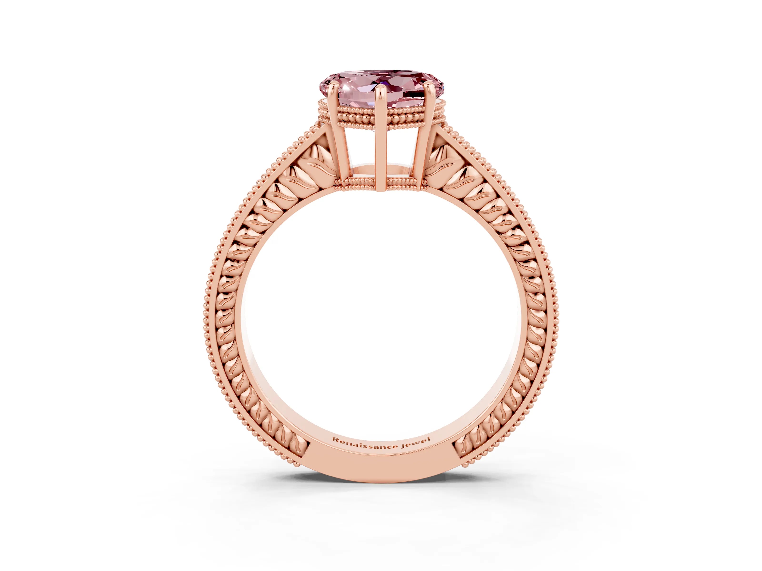 Rose gold Heart Cut Morganite Engagement Ring with Milgrain Channel Set Band and Prong Setting_3