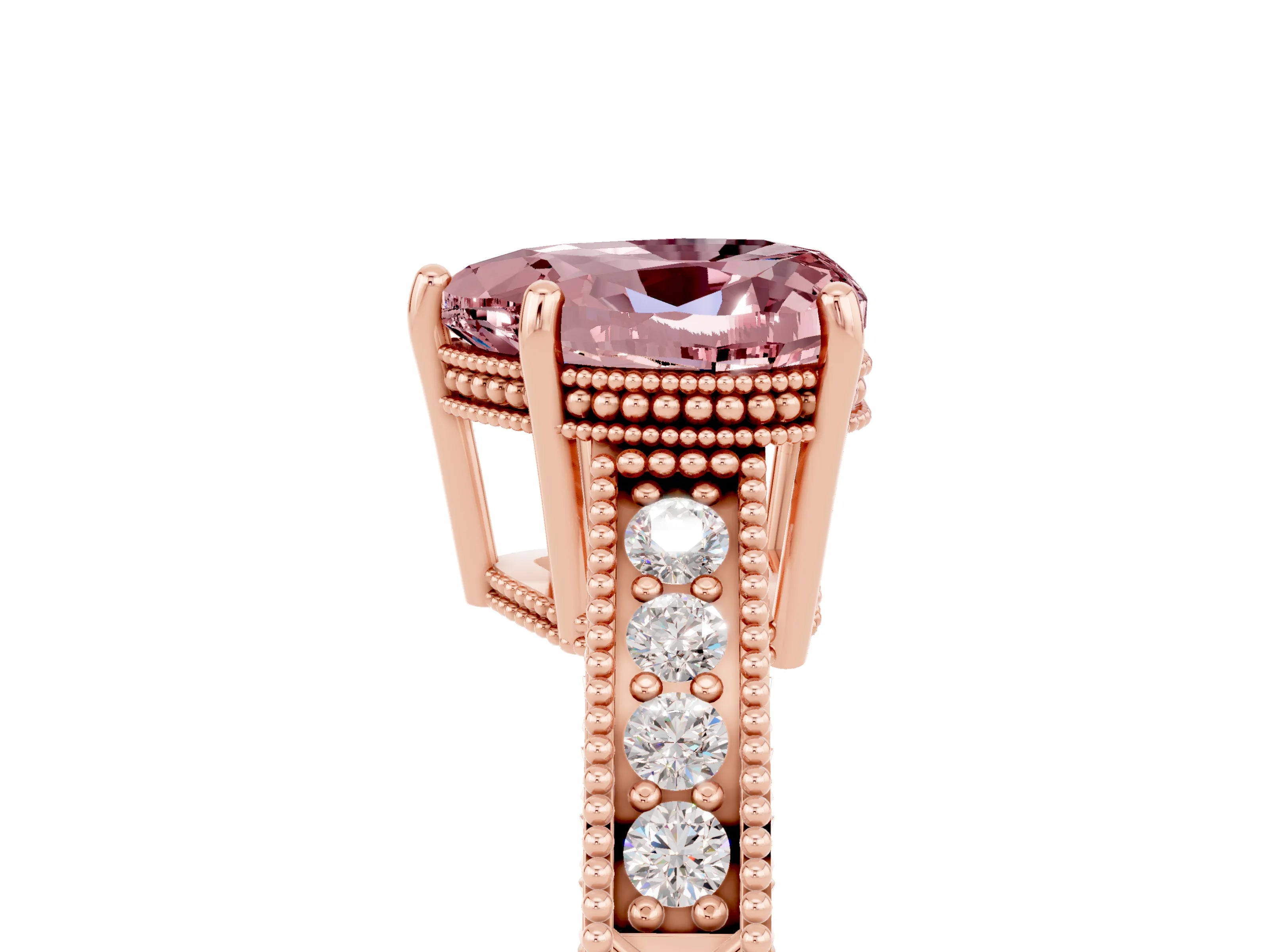 Rose gold Heart Cut Morganite Engagement Ring with Milgrain Channel Set Band and Prong Setting_5