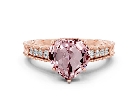Rose gold Heart Cut Morganite Engagement Ring with Milgrain Channel Set Band and Prong Setting