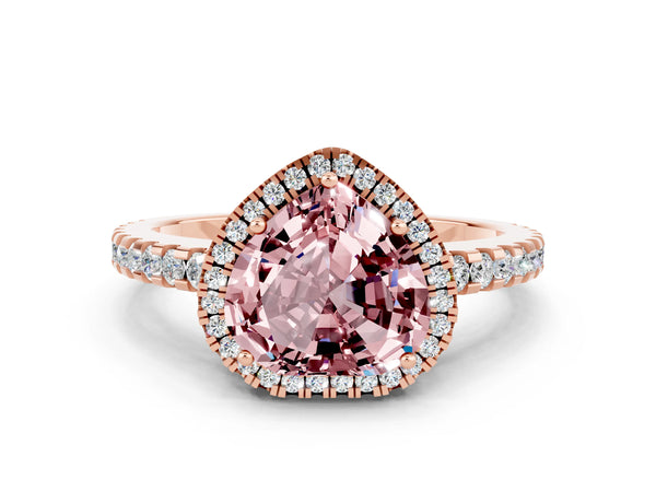 Rose gold Heart Cut Morganite Halo Engagement Ring with Pavé Band and Prong Setting