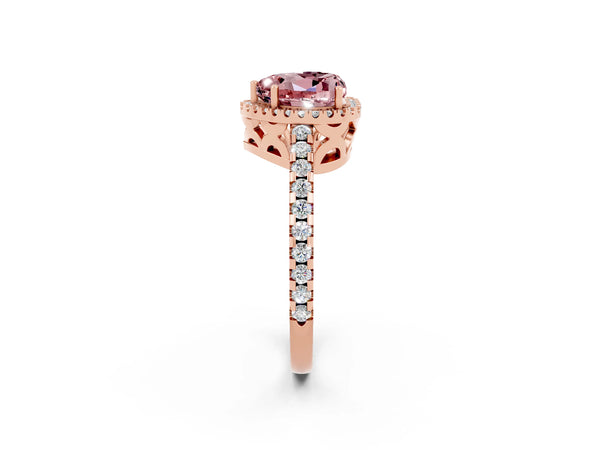 Rose gold Heart Cut Morganite Halo Engagement Ring with Pavé Band and Prong Setting