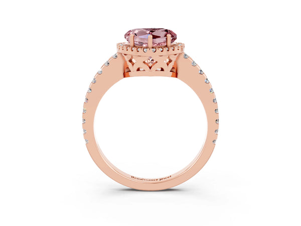 Rose gold Heart Cut Morganite Halo Engagement Ring with Pavé Band and Prong Setting
