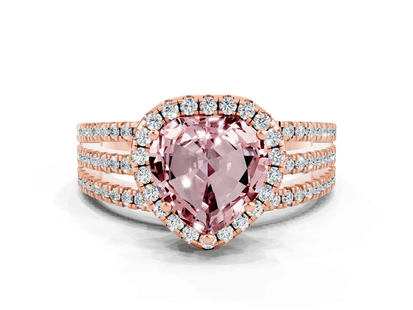 Rose gold Heart Cut Morganite Halo Engagement Ring with Split Shank and Four-Prong Setting