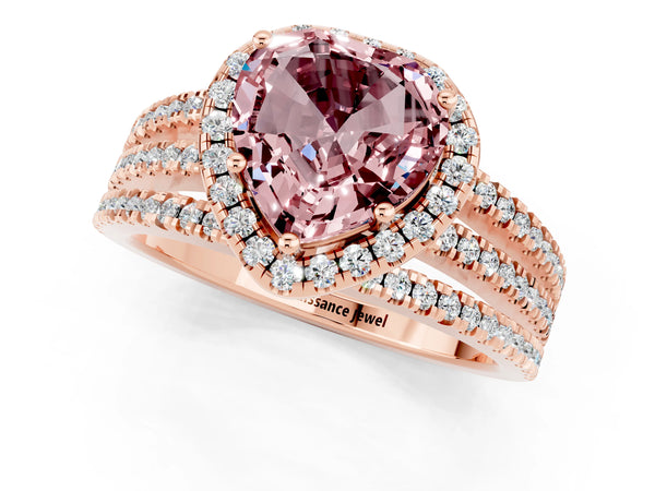 Rose gold Heart Cut Morganite Halo Engagement Ring with Split Shank and Four-Prong Setting