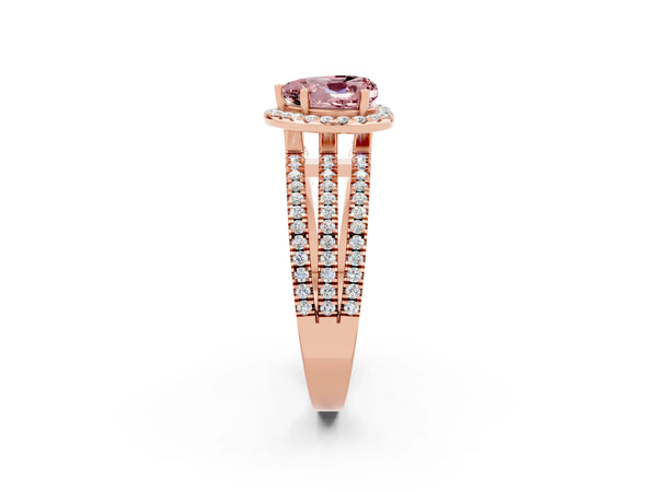 Rose gold Heart Cut Morganite Halo Engagement Ring with Split Shank and Four-Prong Setting