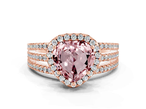 Rose gold Heart Cut Morganite Halo Engagement Ring with Split Shank and Four-Prong Setting