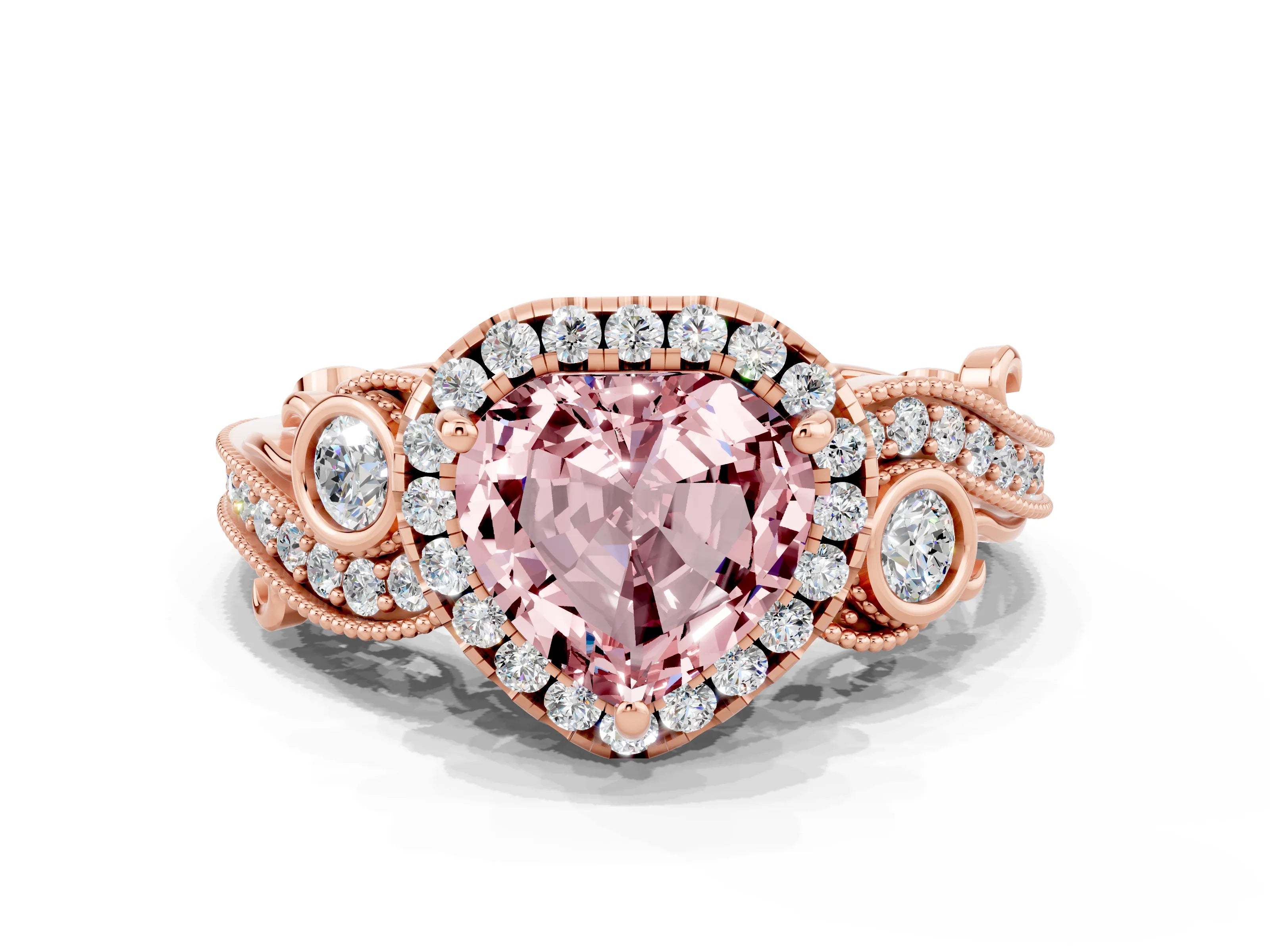Rose gold Heart Cut Morganite Halo Ring with Milgrain Pavé Band and Four-Prong Setting_12