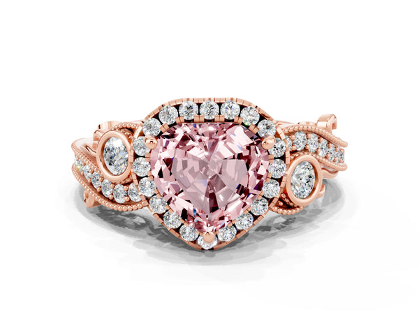 Rose gold Heart Cut Morganite Halo Ring with Milgrain Pavé Band and Four-Prong Setting