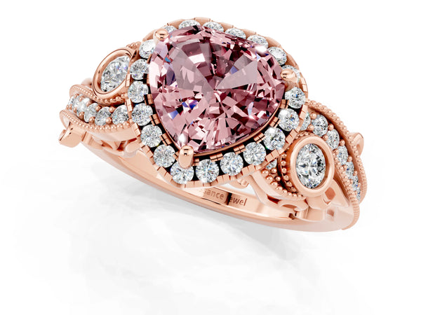 Rose gold Heart Cut Morganite Halo Ring with Milgrain Pavé Band and Four-Prong Setting