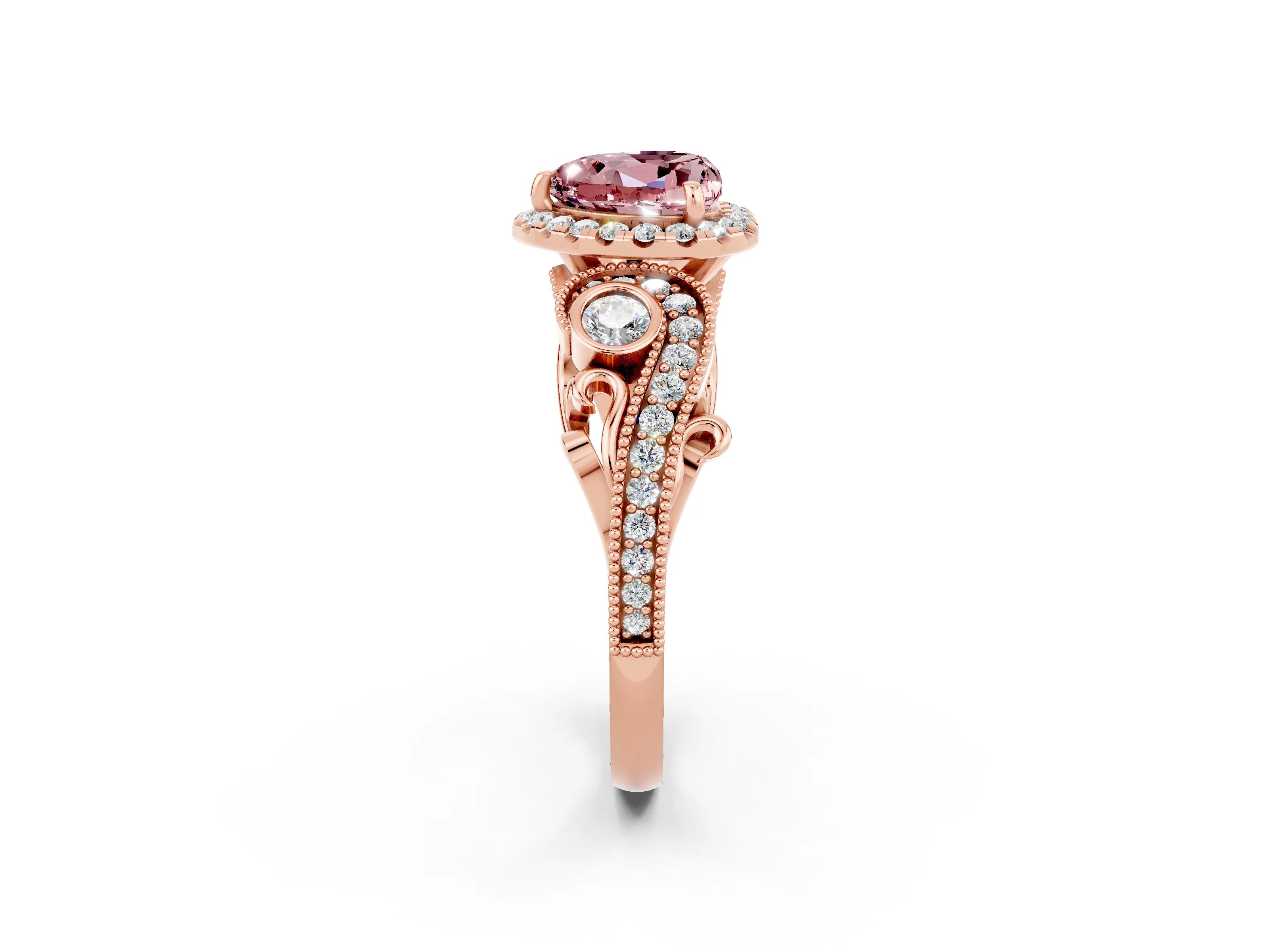 Rose gold Heart Cut Morganite Halo Ring with Milgrain Pavé Band and Four-Prong Setting_14