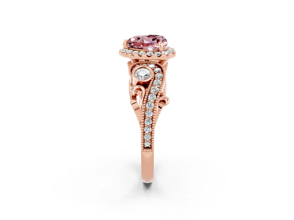 Rose gold Heart Cut Morganite Halo Ring with Milgrain Pavé Band and Four-Prong Setting