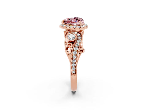 Rose gold Heart Cut Morganite Halo Ring with Milgrain Pavé Band and Four-Prong Setting_14