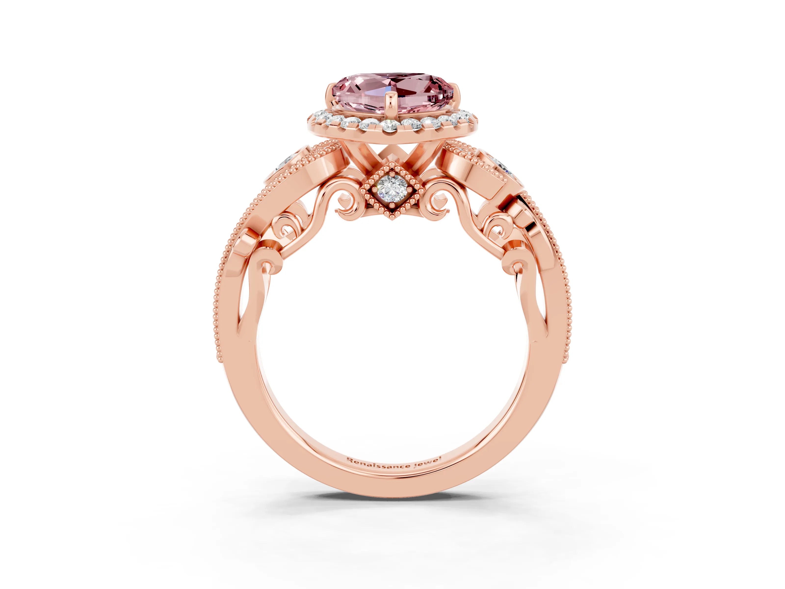 Rose gold Heart Cut Morganite Halo Ring with Milgrain Pavé Band and Four-Prong Setting_15