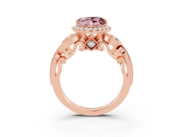 Rose gold Heart Cut Morganite Halo Ring with Milgrain Pavé Band and Four-Prong Setting