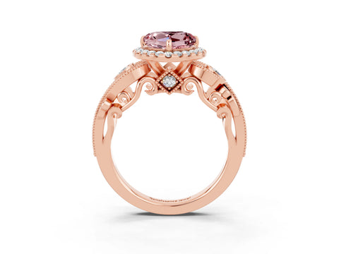 Rose gold Heart Cut Morganite Halo Ring with Milgrain Pavé Band and Four-Prong Setting_15