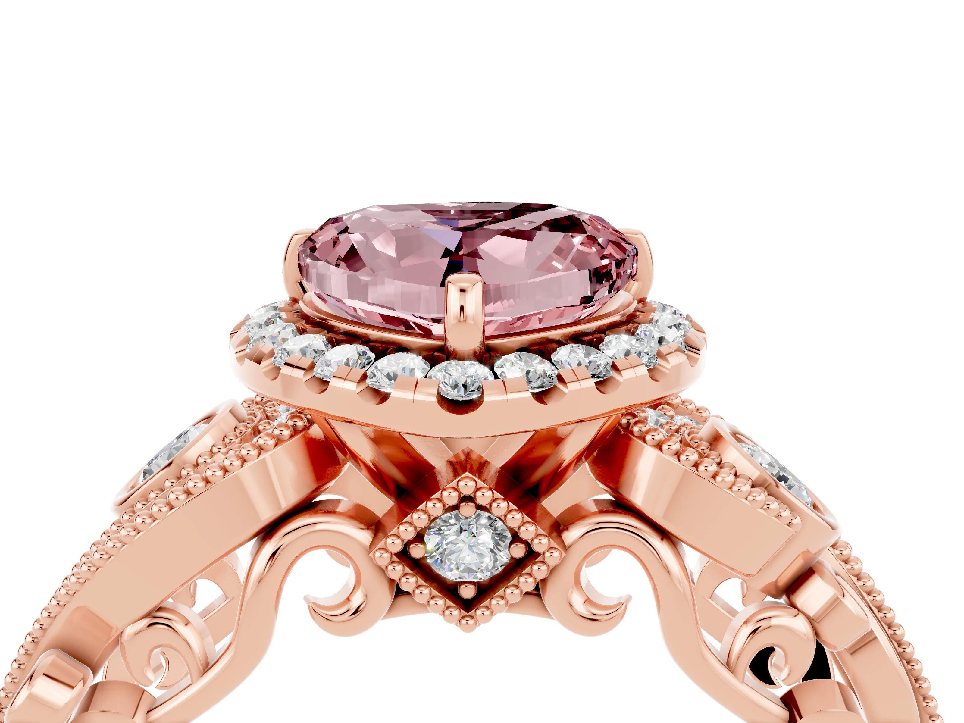 Rose gold Heart Cut Morganite Halo Ring with Milgrain Pavé Band and Four-Prong Setting_16