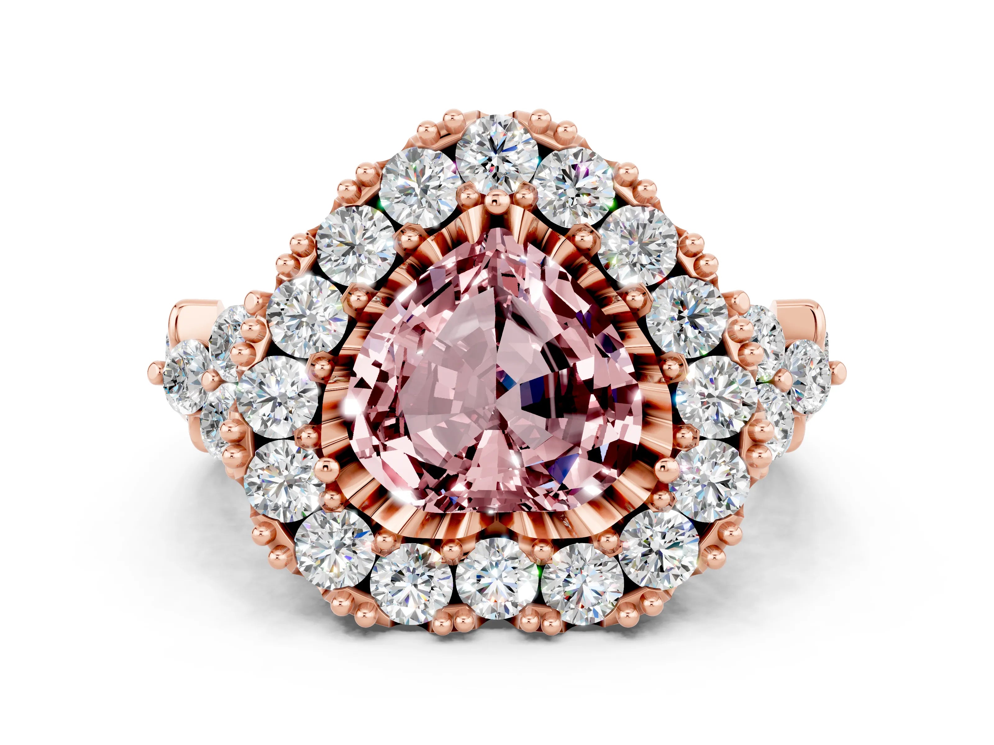 Rose gold Heart Cut Morganite Halo Ring with Pavé Band and Four-Prong Setting_12