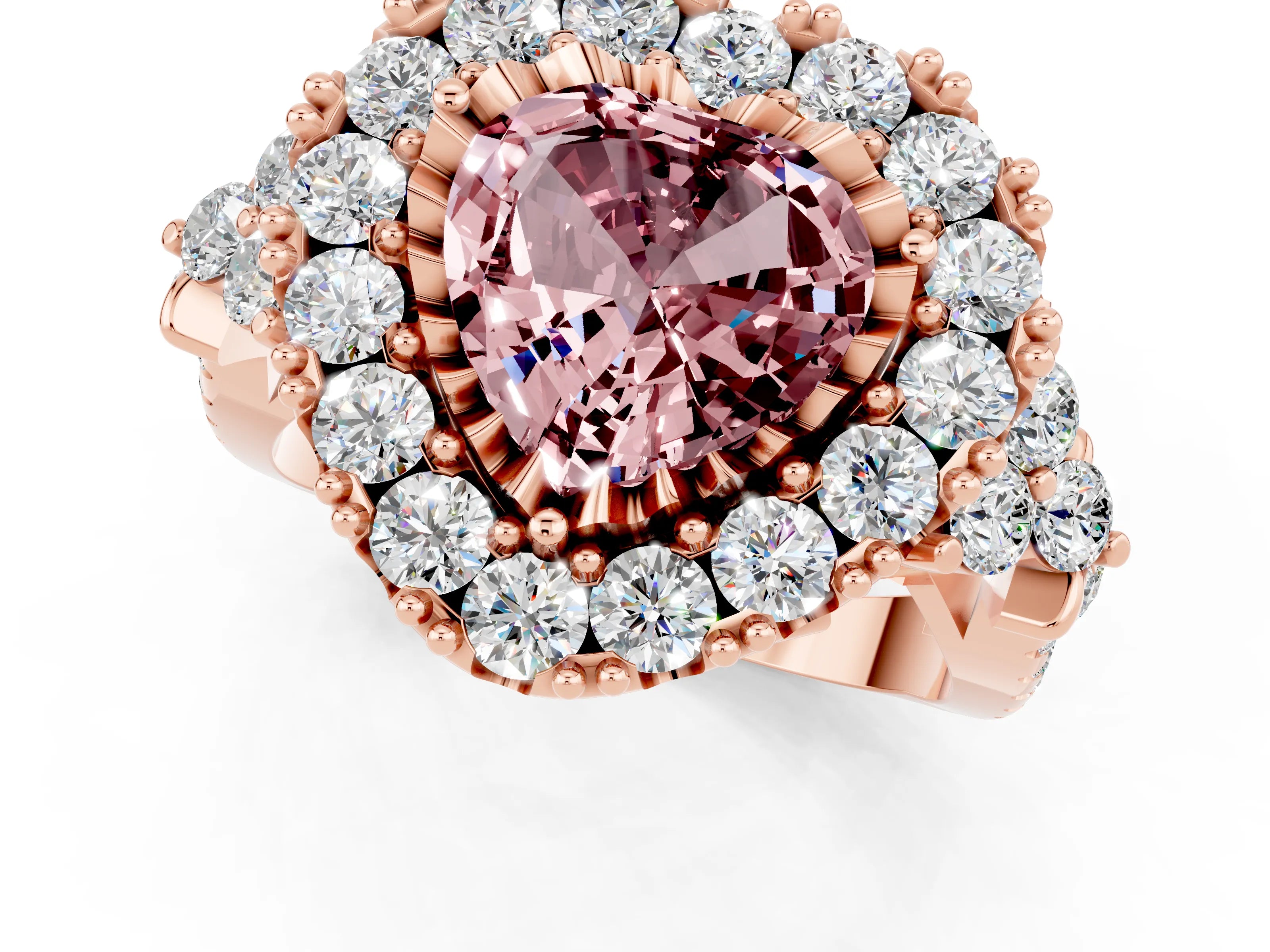 Rose gold Heart Cut Morganite Halo Ring with Pavé Band and Four-Prong Setting_13