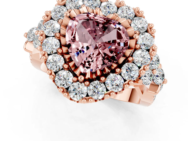 Rose gold Heart Cut Morganite Halo Ring with Pavé Band and Four-Prong Setting