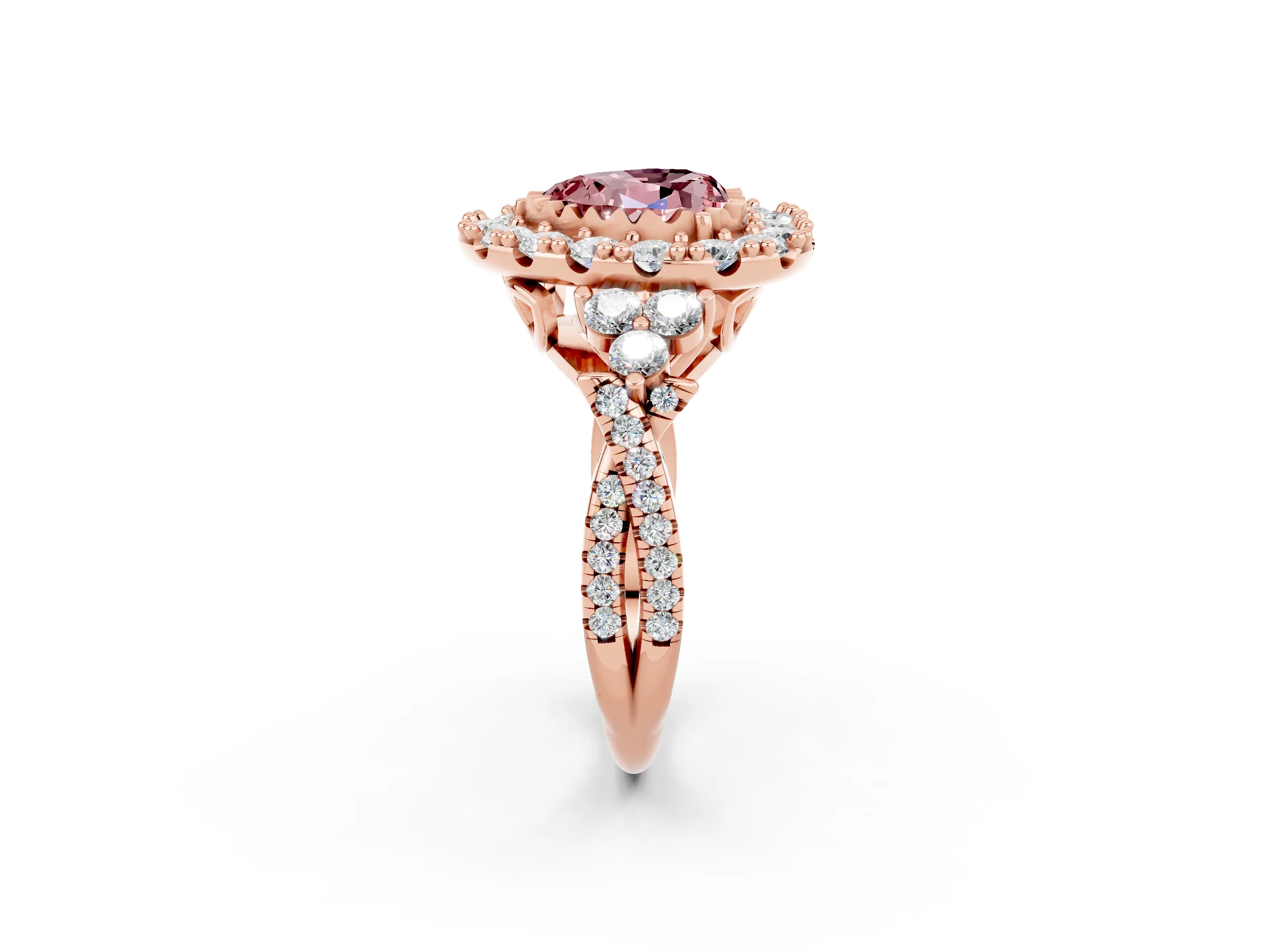 Rose gold Heart Cut Morganite Halo Ring with Pavé Band and Four-Prong Setting_14