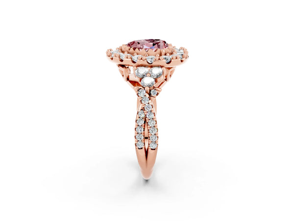 Rose gold Heart Cut Morganite Halo Ring with Pavé Band and Four-Prong Setting