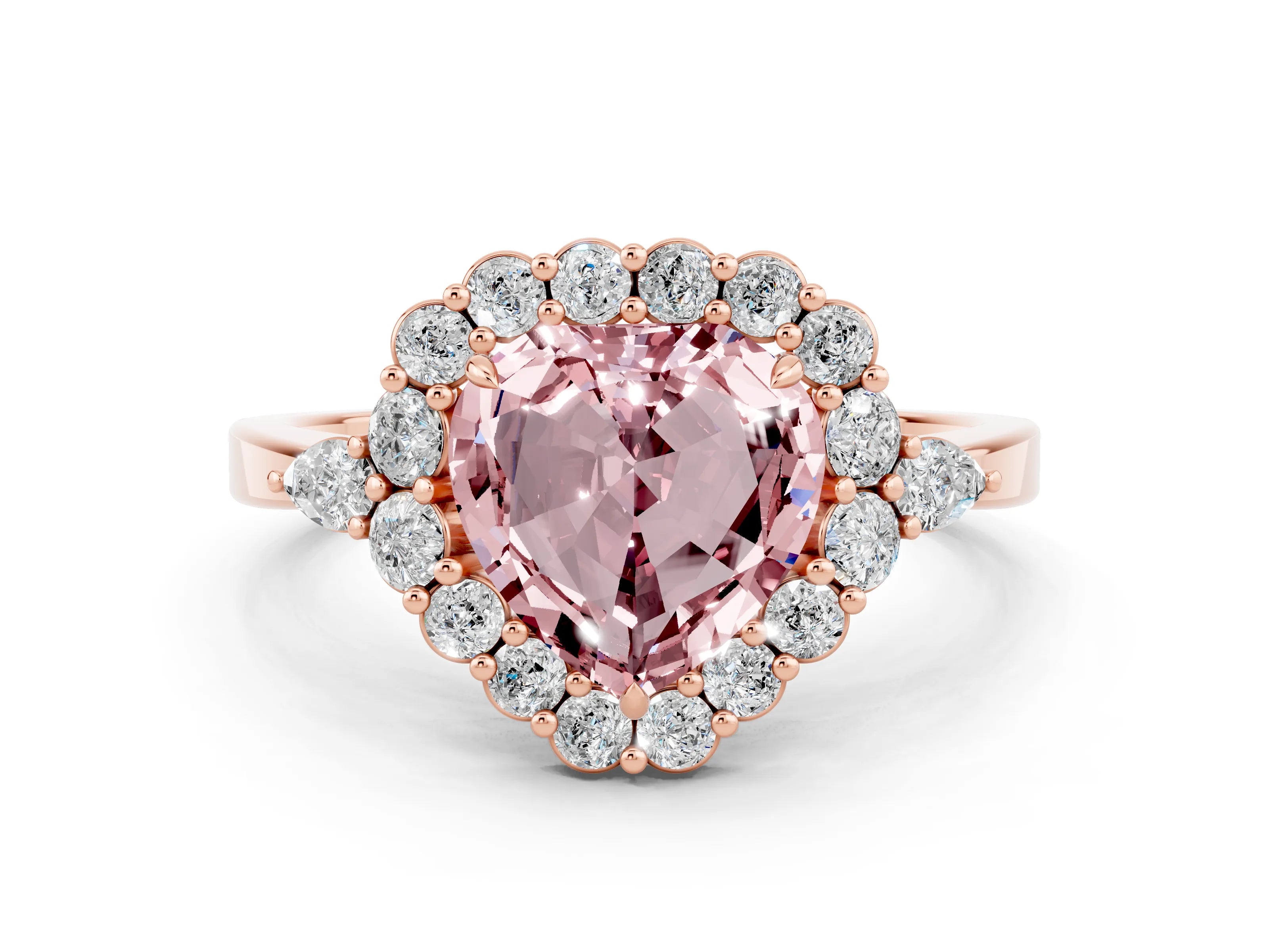 Rose gold Heart Cut Morganite Halo Ring with Pear Side Stones and Prong Setting_12