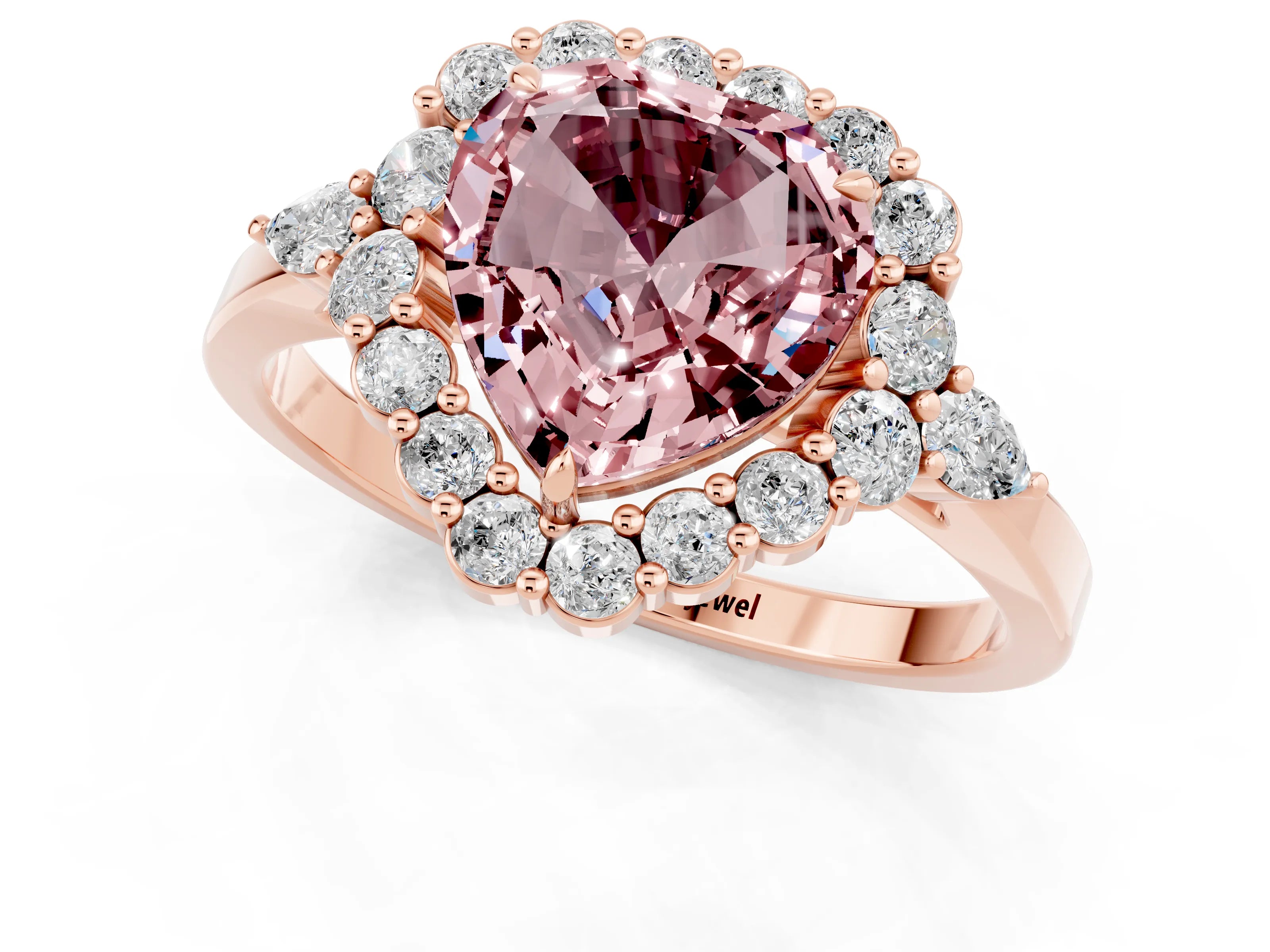 Rose gold Heart Cut Morganite Halo Ring with Pear Side Stones and Prong Setting_13