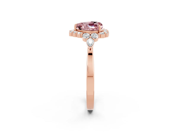 Rose gold Heart Cut Morganite Halo Ring with Pear Side Stones and Prong Setting
