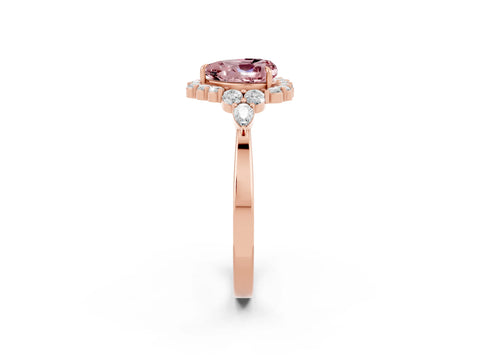 Rose gold Heart Cut Morganite Halo Ring with Pear Side Stones and Prong Setting_14