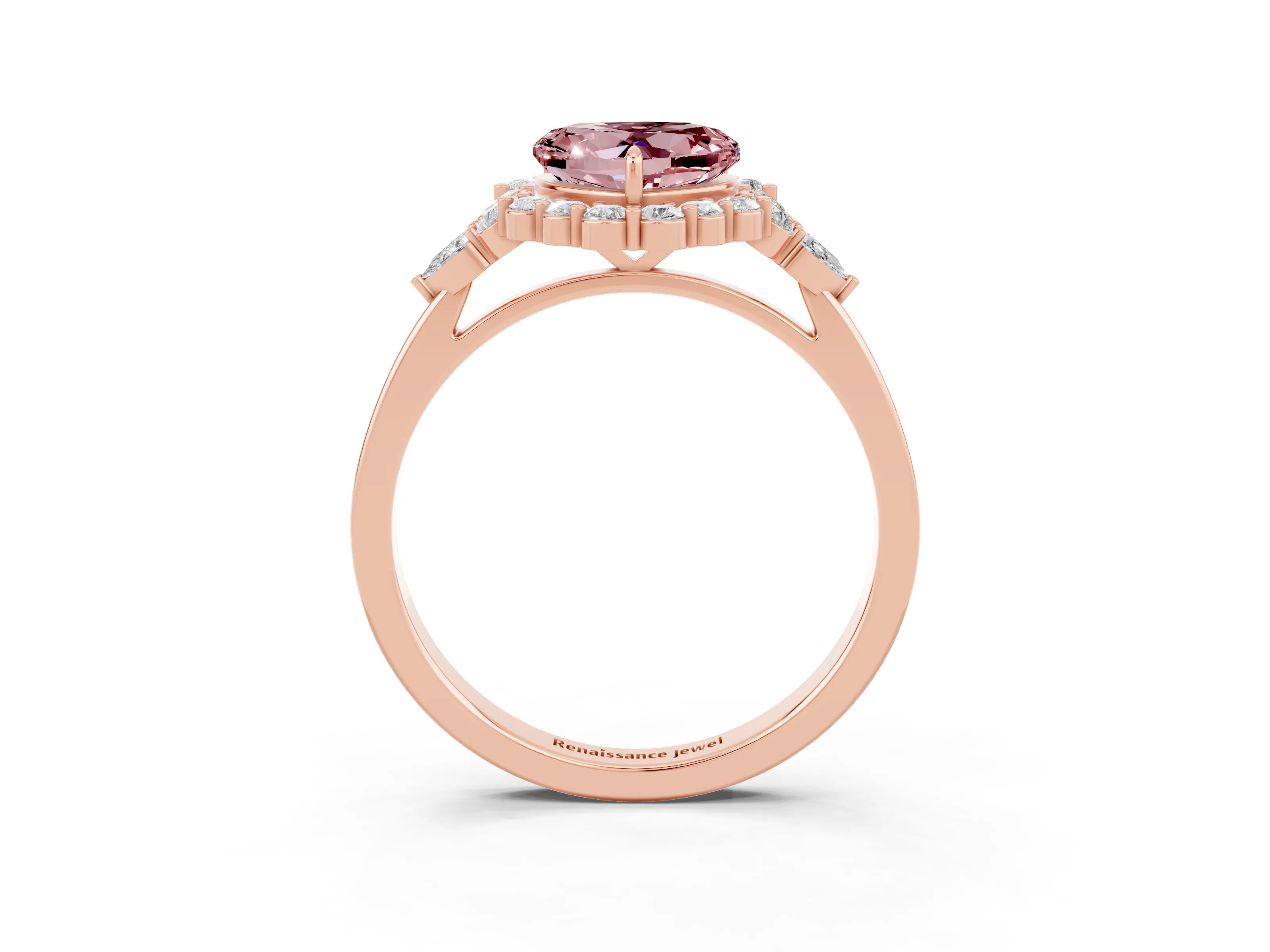 Rose gold Heart Cut Morganite Halo Ring with Pear Side Stones and Prong Setting_15