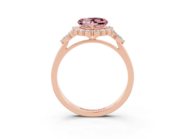 Rose gold Heart Cut Morganite Halo Ring with Pear Side Stones and Prong Setting
