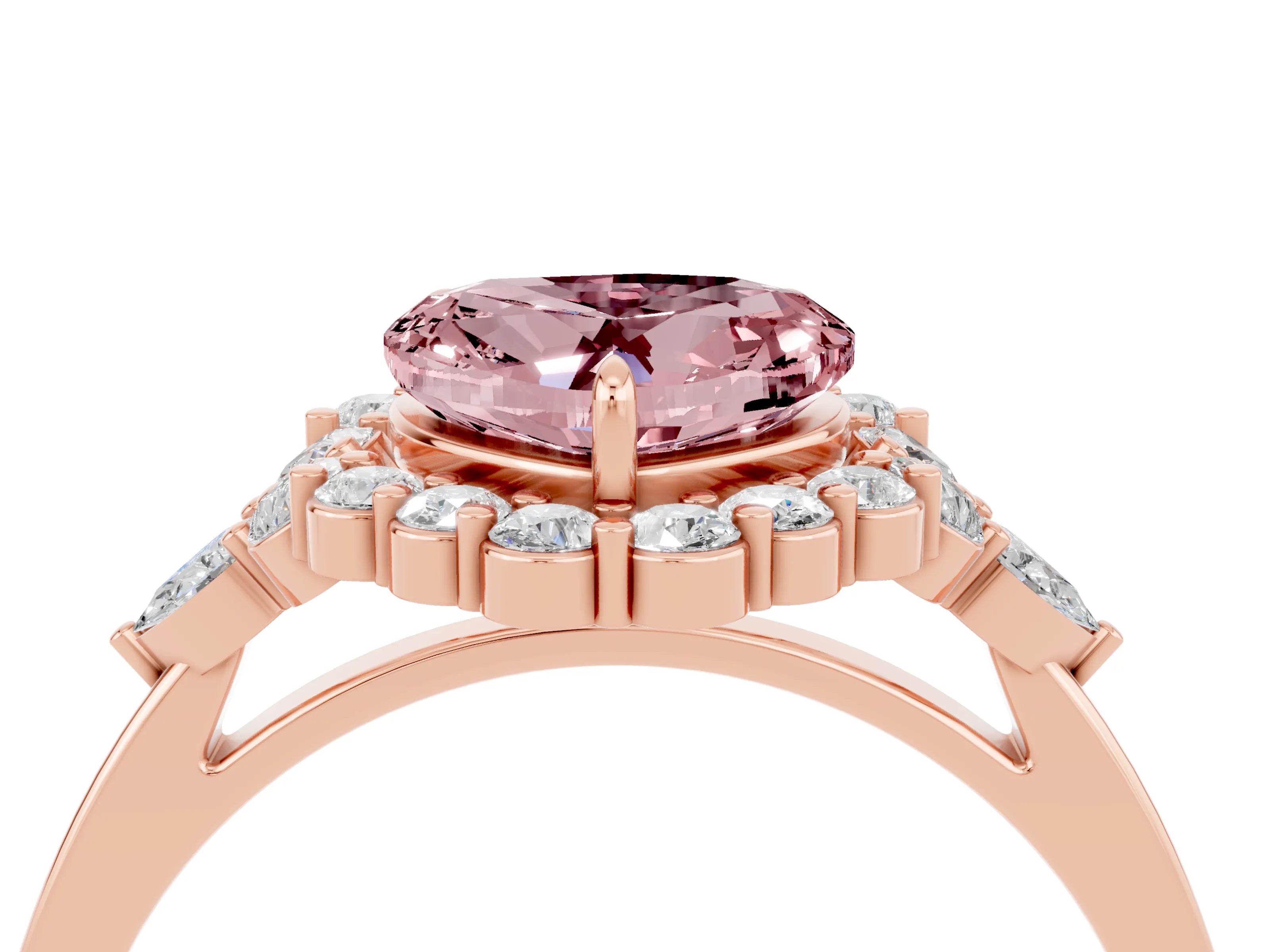 Rose gold Heart Cut Morganite Halo Ring with Pear Side Stones and Prong Setting_16
