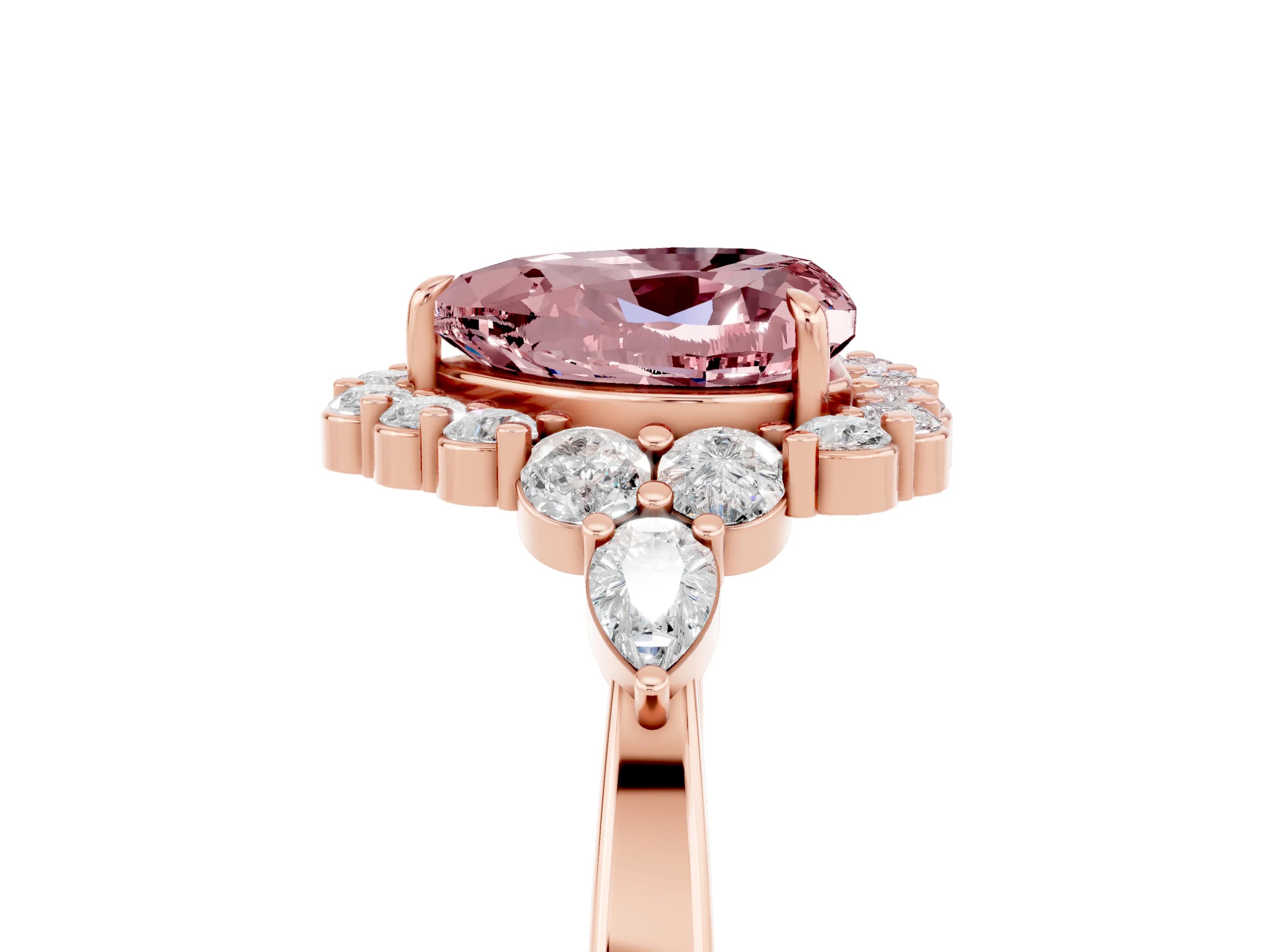 Rose gold Heart Cut Morganite Halo Ring with Pear Side Stones and Prong Setting_17