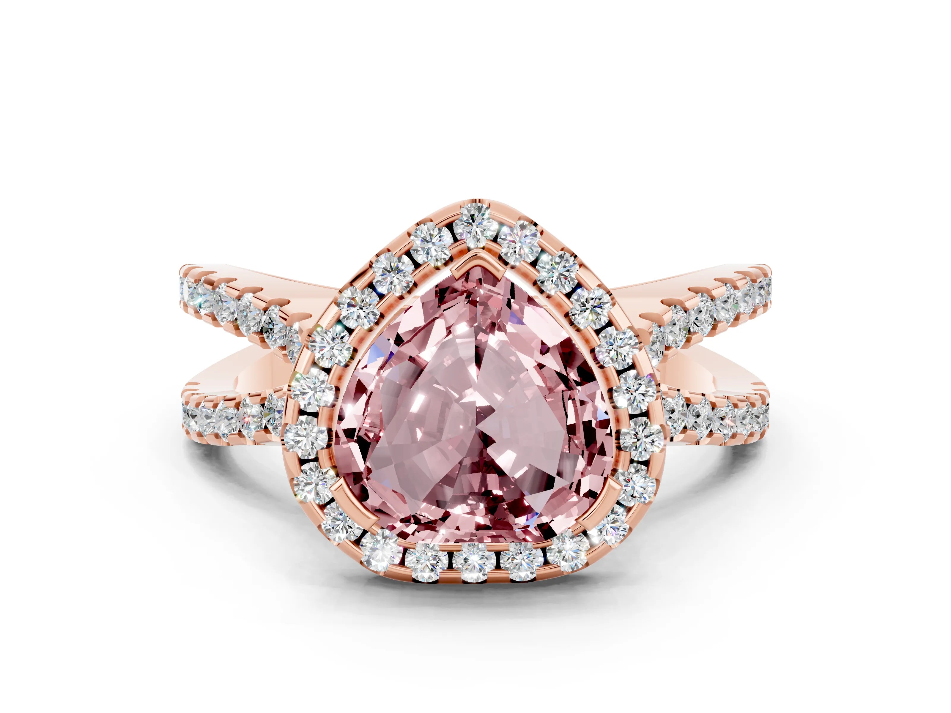 Rose gold Heart Cut Morganite Halo Ring with Split Shank Pavé Band and Prong Setting