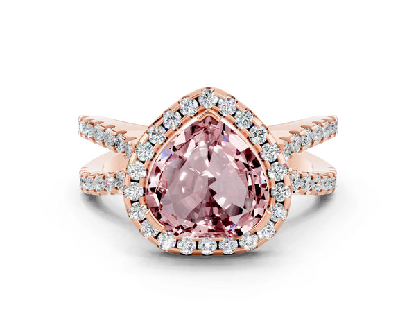 Rose gold Heart Cut Morganite Halo Ring with Split Shank Pavé Band and Prong Setting