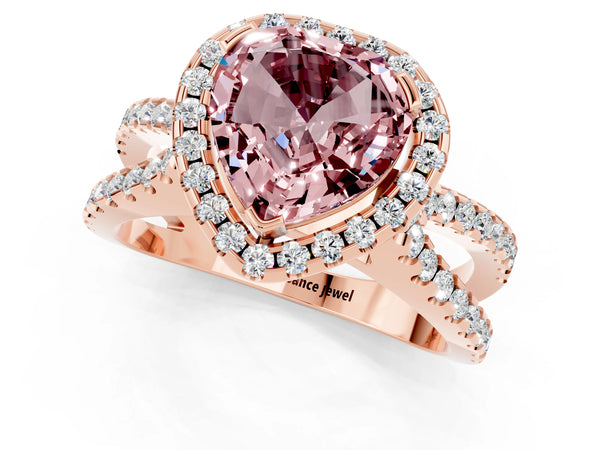 Rose gold Heart Cut Morganite Halo Ring with Split Shank Pavé Band and Prong Setting