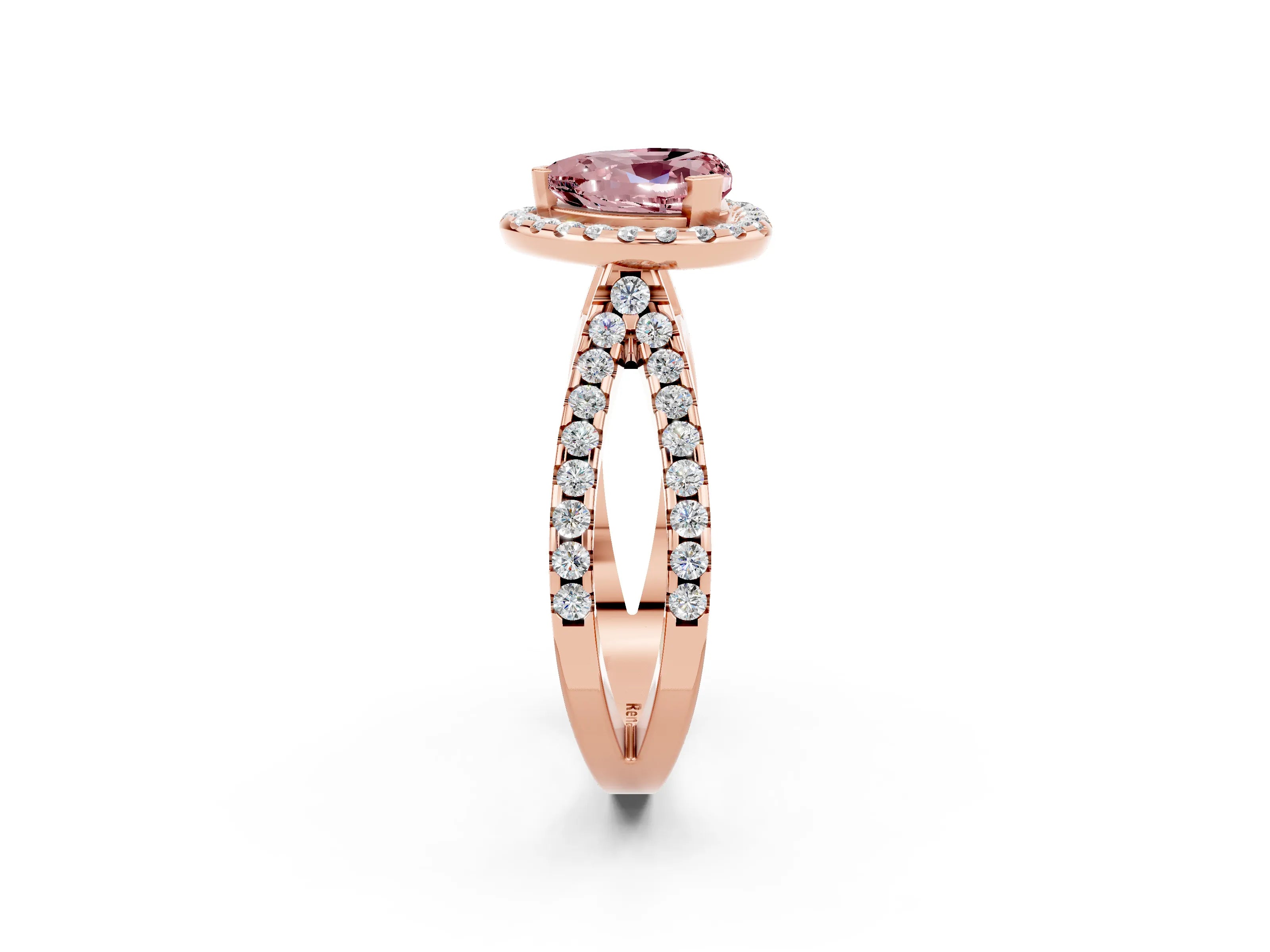 Rose gold Heart Cut Morganite Halo Ring with Split Shank Pavé Band and Prong Setting_2
