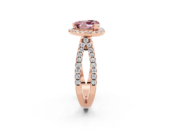 Rose gold Heart Cut Morganite Halo Ring with Split Shank Pavé Band and Prong Setting