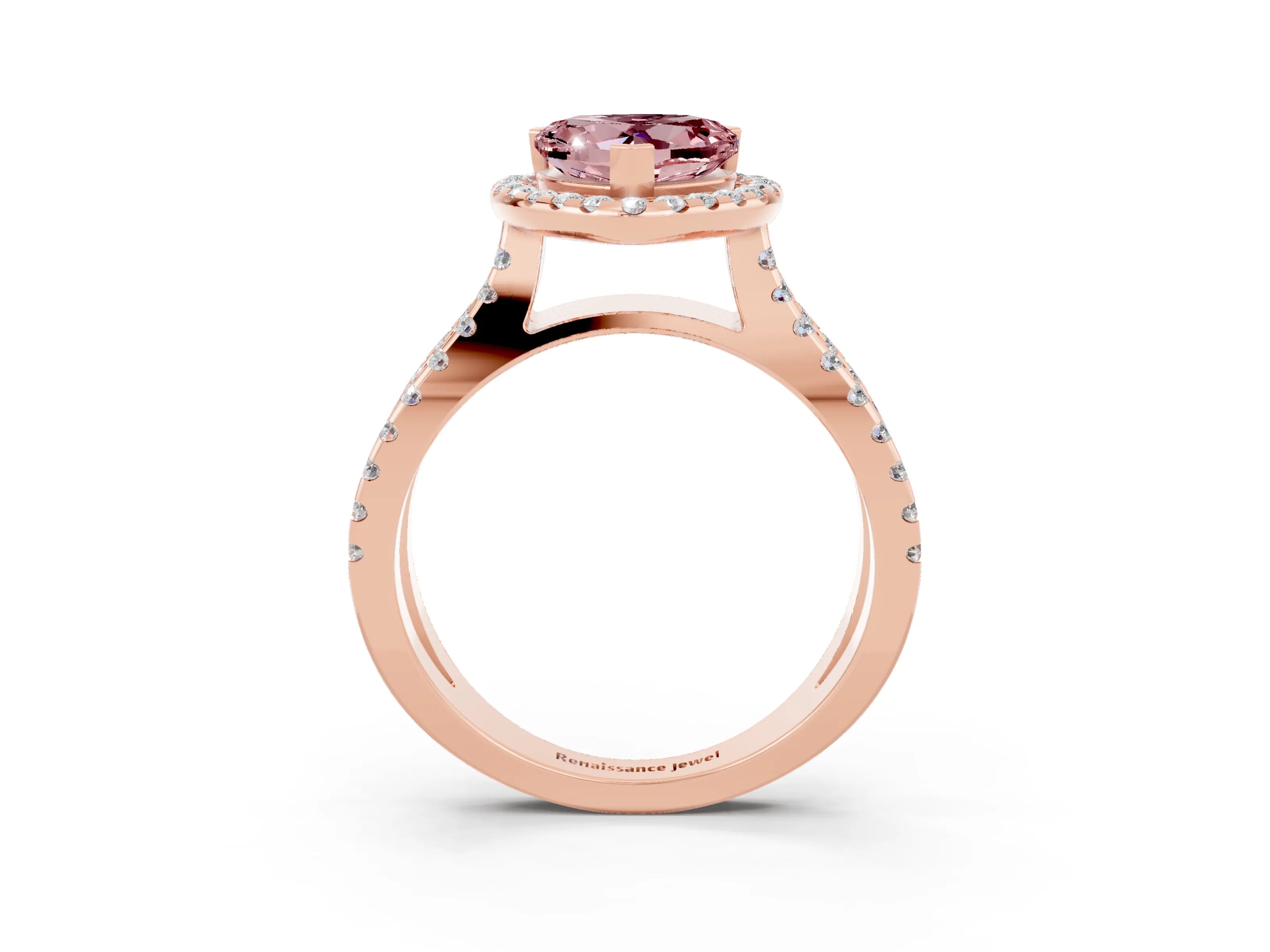 Rose gold Heart Cut Morganite Halo Ring with Split Shank Pavé Band and Prong Setting_3