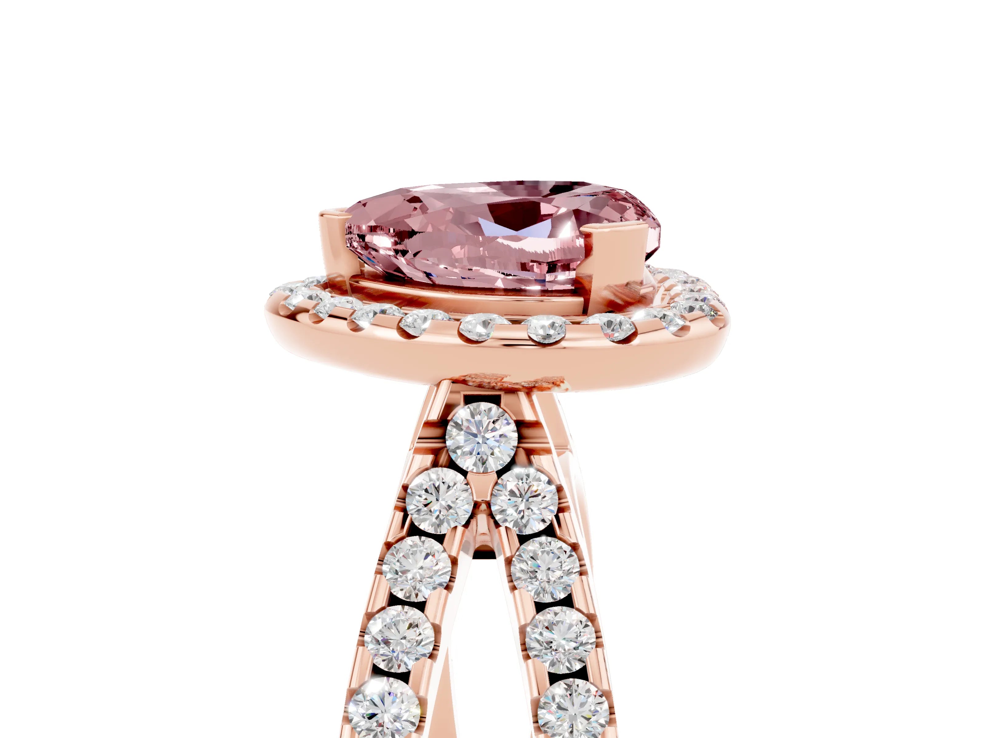 Rose gold Heart Cut Morganite Halo Ring with Split Shank Pavé Band and Prong Setting_5