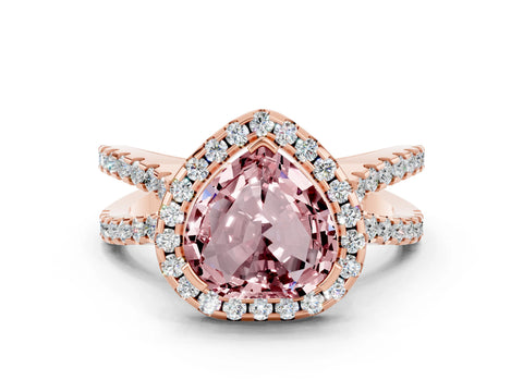 Rose gold Heart Cut Morganite Halo Ring with Split Shank Pavé Band and Prong Setting