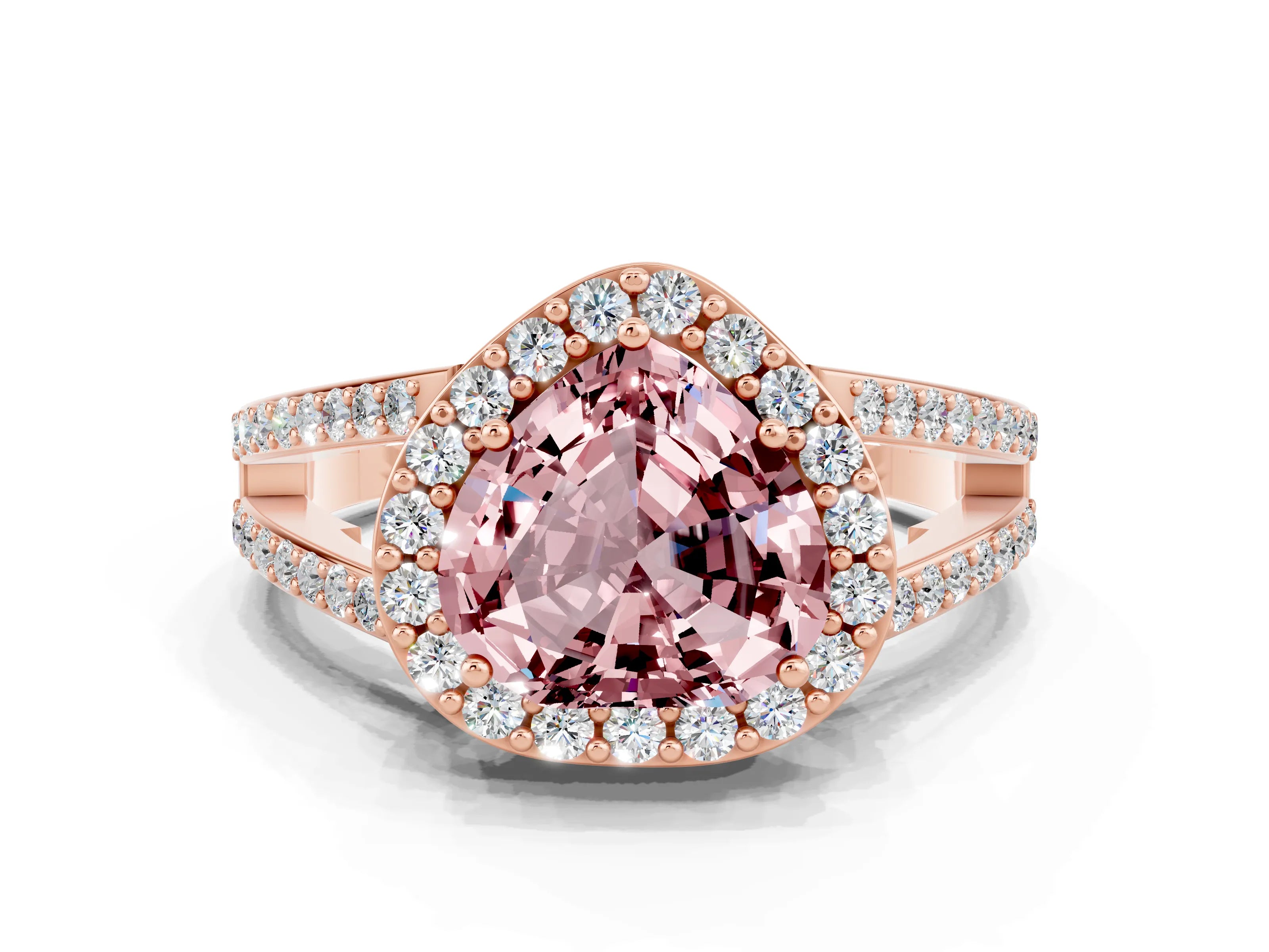 Rose gold Heart Cut Morganite Halo Ring with Split Shank U-Prong Band and Four-Prong Setting