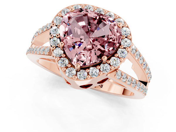Rose gold Heart Cut Morganite Halo Ring with Split Shank U-Prong Band and Four-Prong Setting