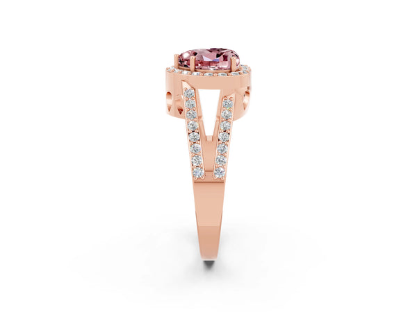 Rose gold Heart Cut Morganite Halo Ring with Split Shank U-Prong Band and Four-Prong Setting