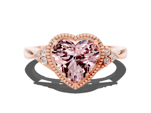 Rose gold Heart Cut Morganite Halo Ring with Tapered Band and Four-Prong Setting