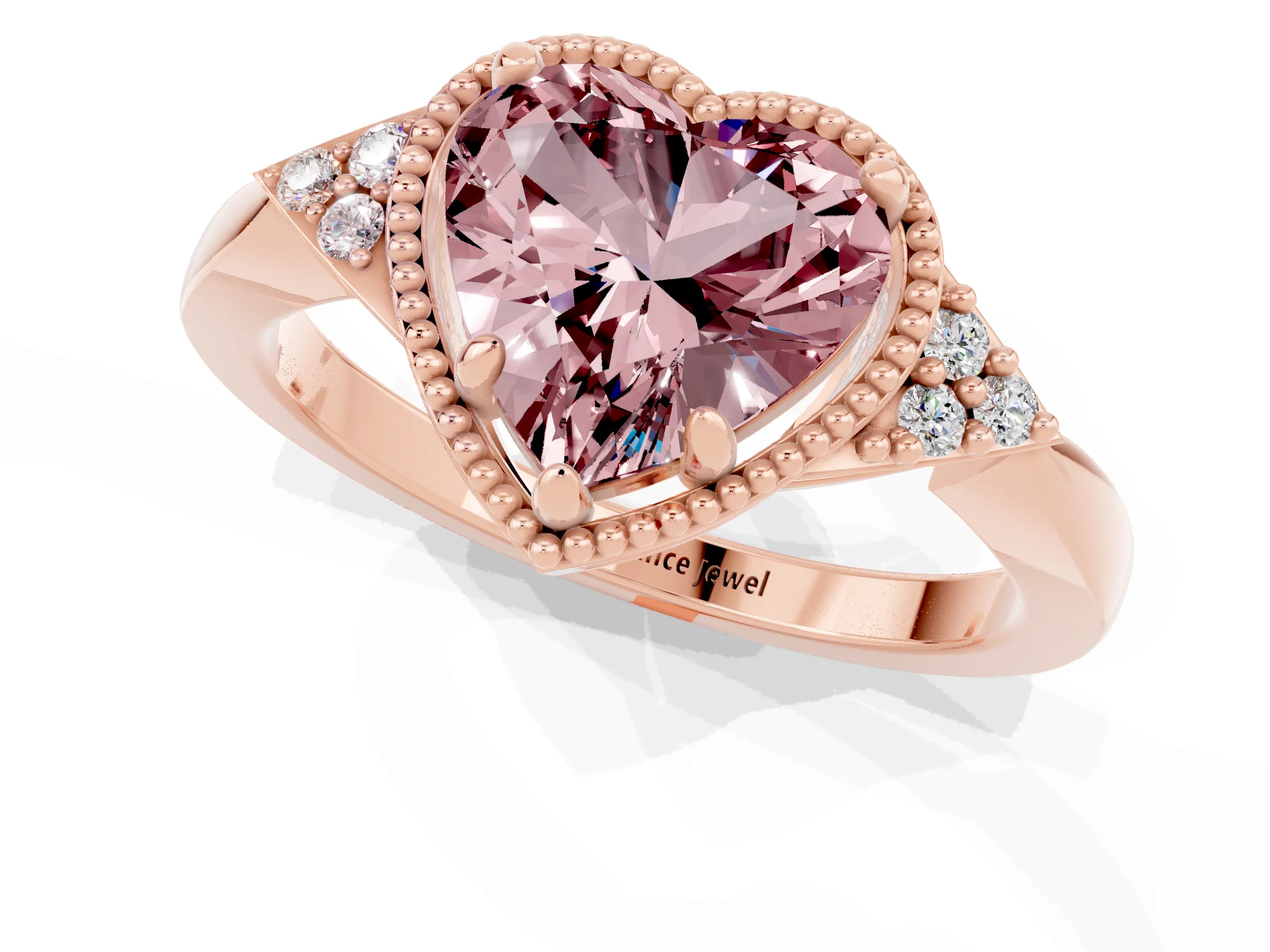 Rose gold Heart Cut Morganite Halo Ring with Tapered Band and Four-Prong Setting_1