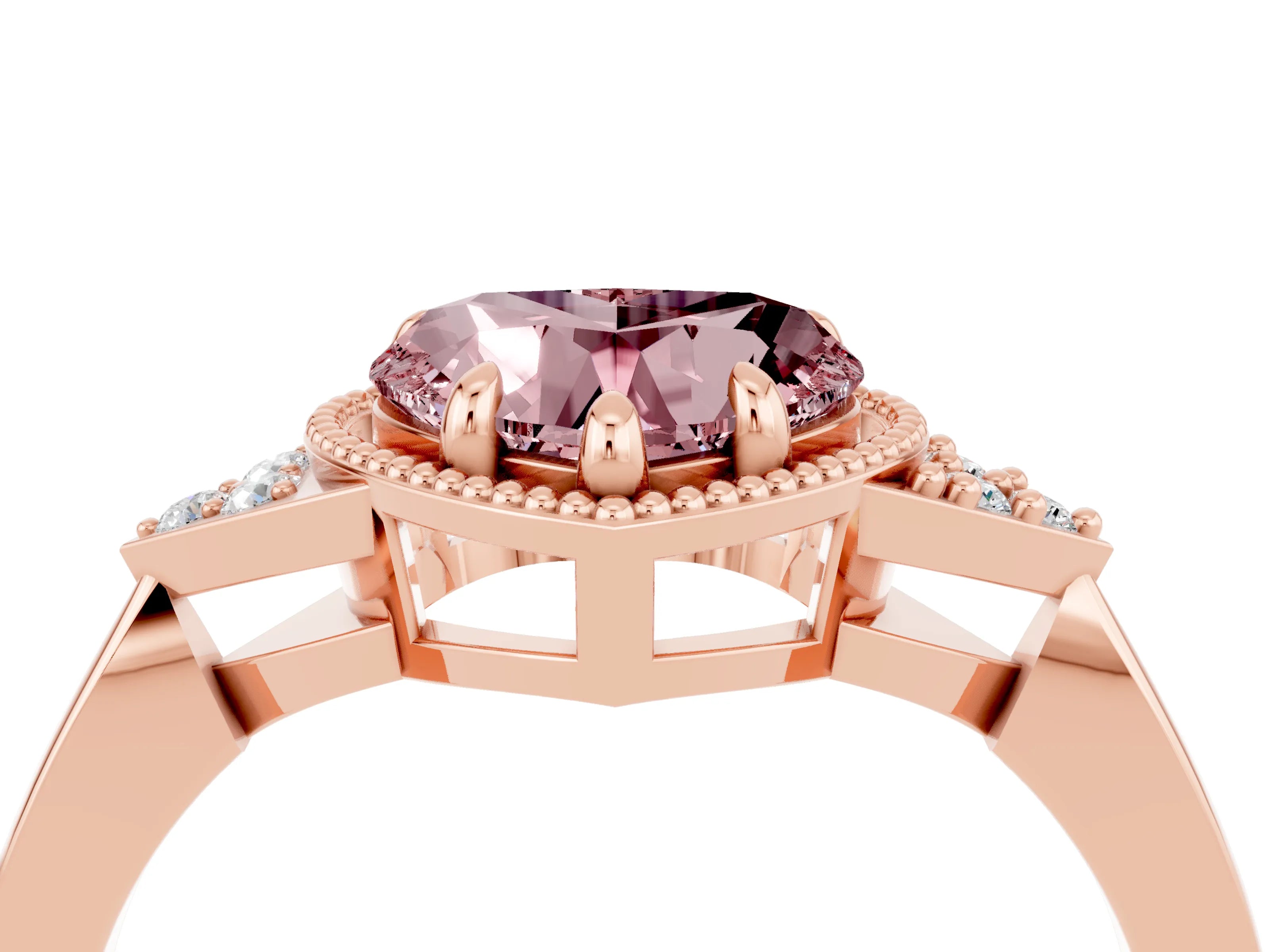 Rose gold Heart Cut Morganite Halo Ring with Tapered Band and Four-Prong Setting_4