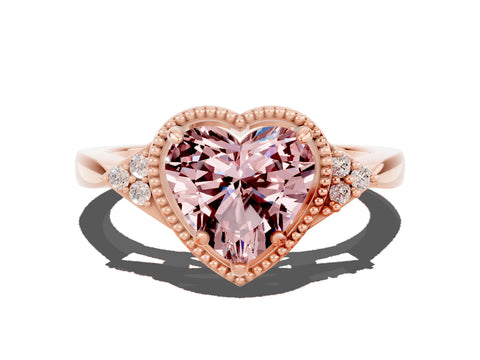 Rose gold Heart Cut Morganite Halo Ring with Tapered Band and Four-Prong Setting