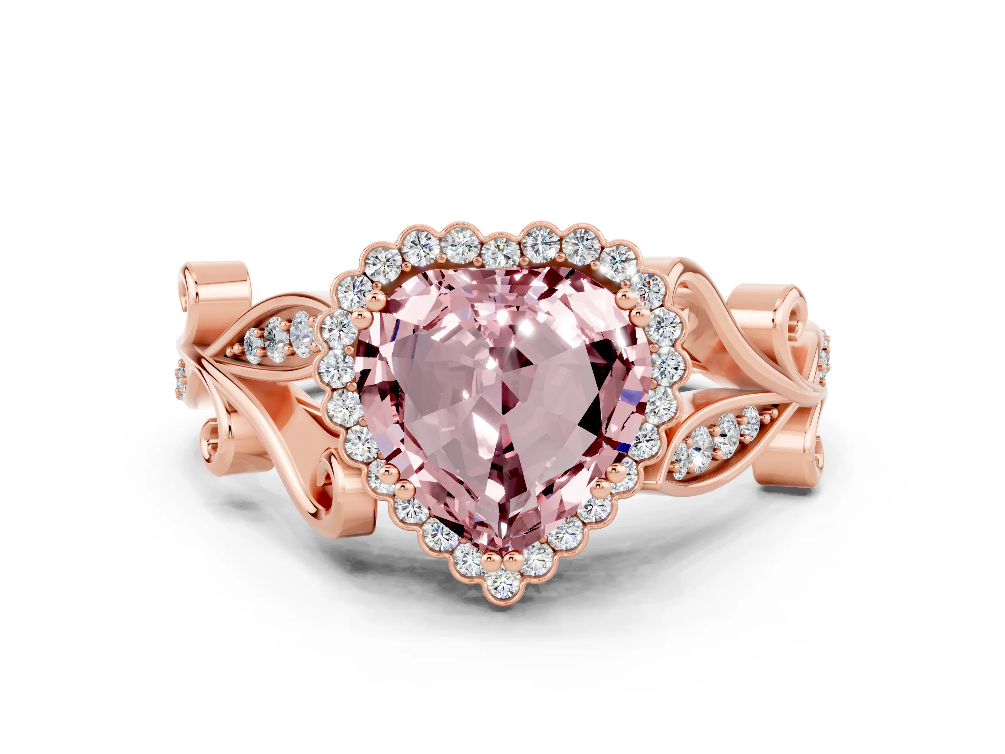 Rose gold Heart Cut Morganite Halo Ring with Vintage Split Shank and Four-Prong Setting