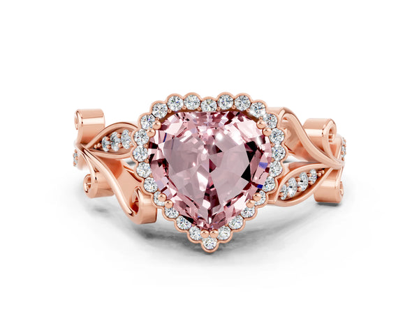 Rose gold Heart Cut Morganite Halo Ring with Vintage Split Shank and Four-Prong Setting